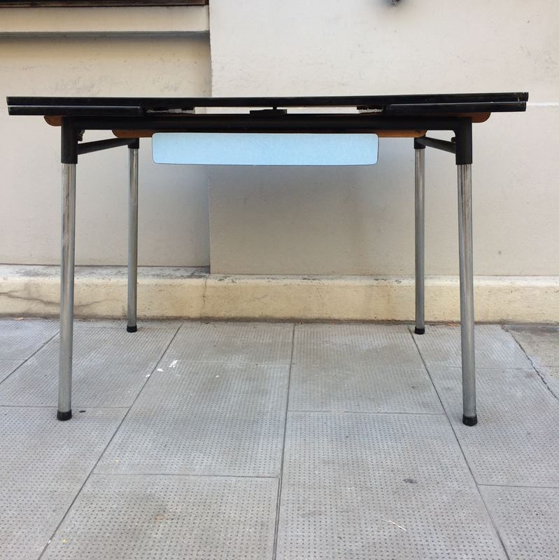 Table de travail formica bleu 2 rallonges pieds métal chromé