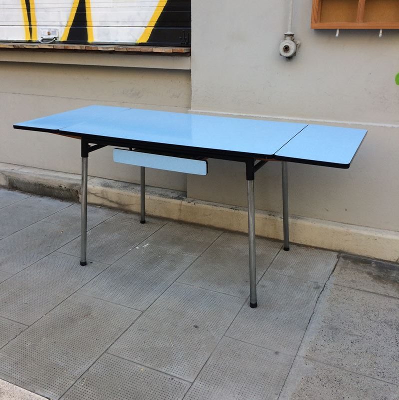 Table de travail formica bleu 2 rallonges pieds m tal chrom 