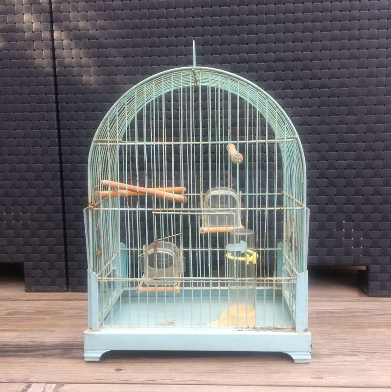 Ancienne Cage à Oiseaux En Métal Laqué Bleu Ciel Vintage